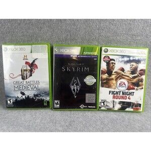 Xbox 360 Fighting 3 Game Lot - Skyrim - Fight Night Round 4 - Medieval Battles